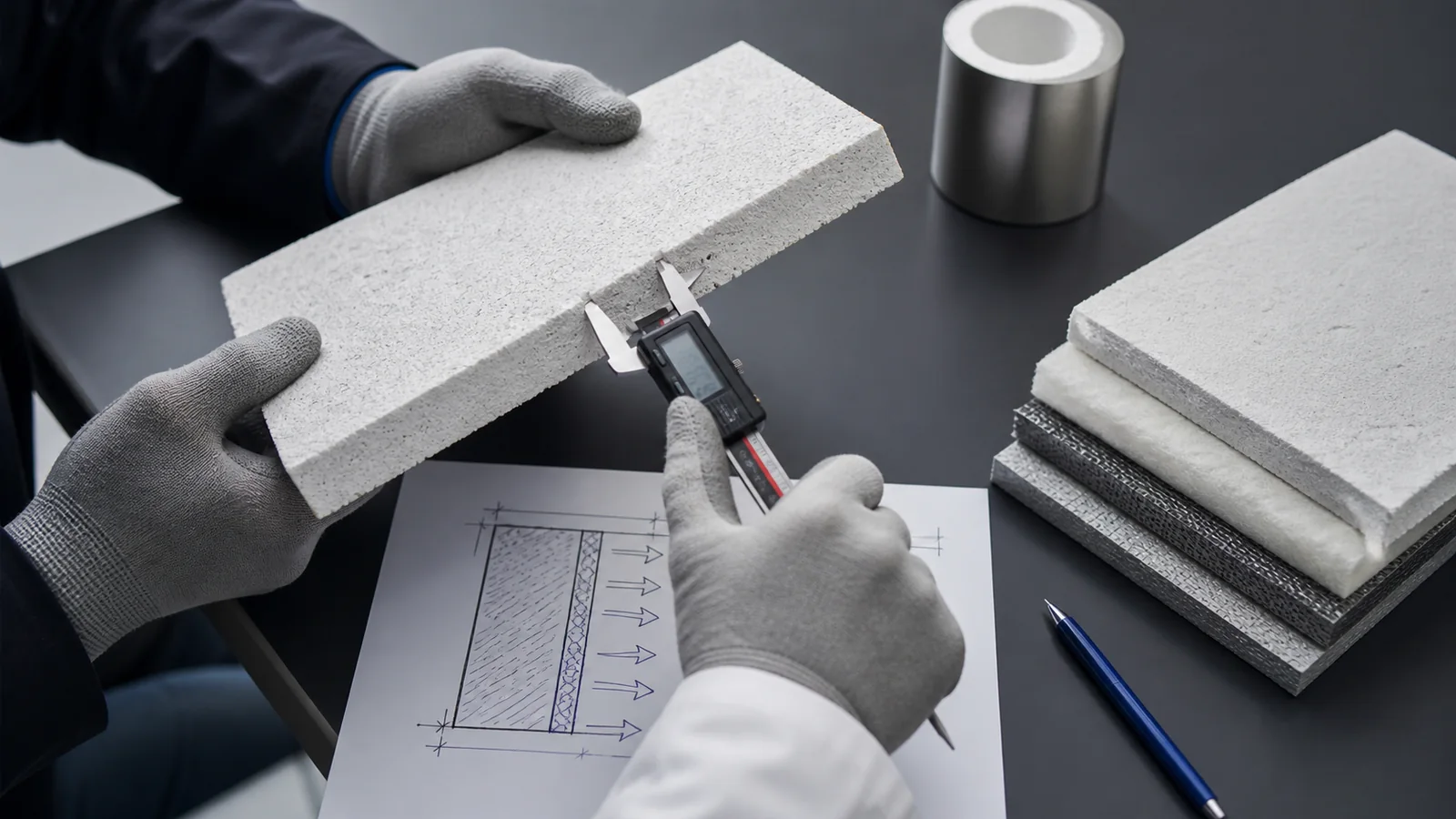 Ingenieure vermessen ein Dämmmuster während eines nicht vertraulichen Fachgesprächs