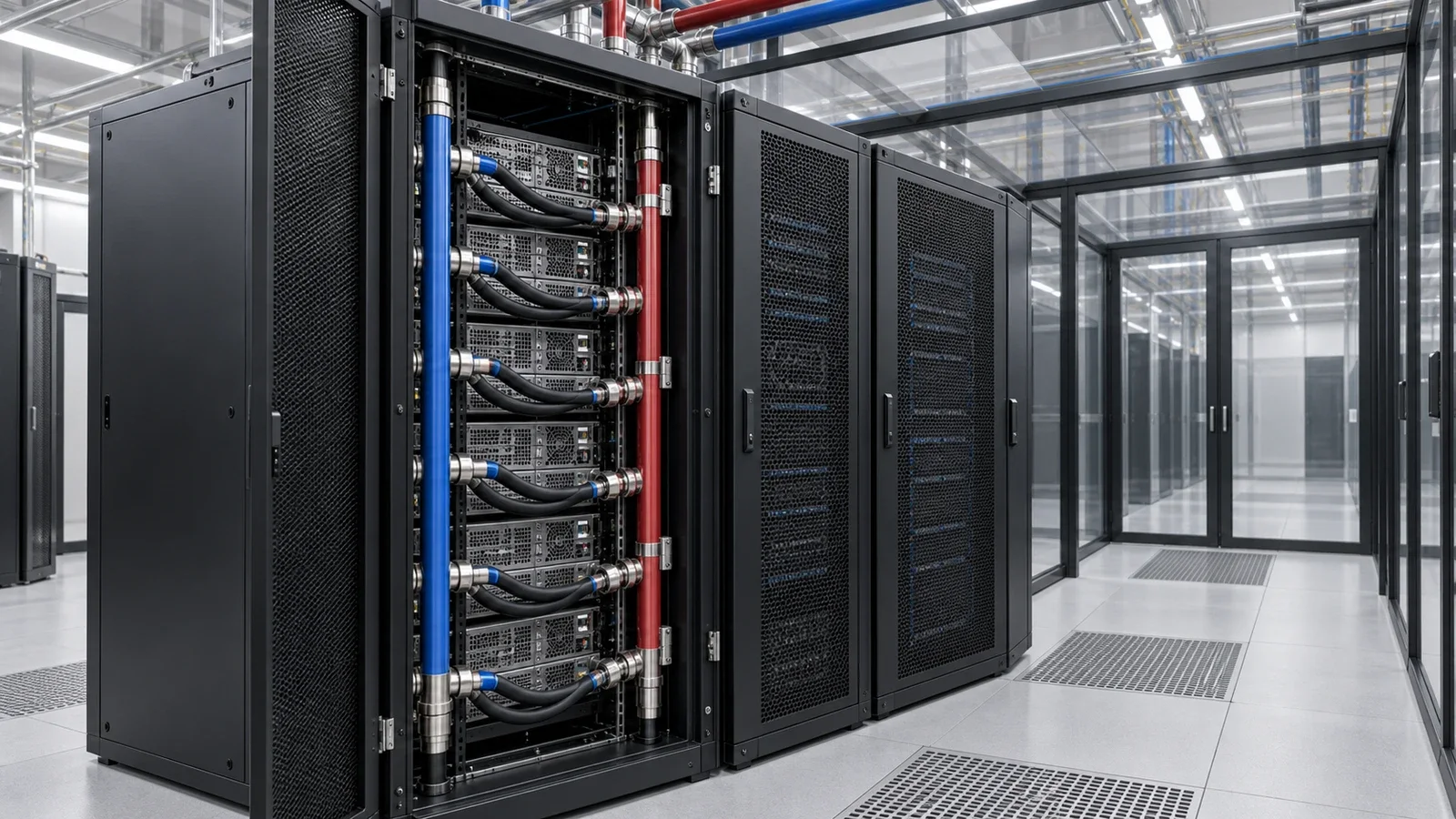 KI-generierte konzeptionelle Ansicht eines Rack-Verteilers neben einem eingehausten Rechenzentrumsgang.