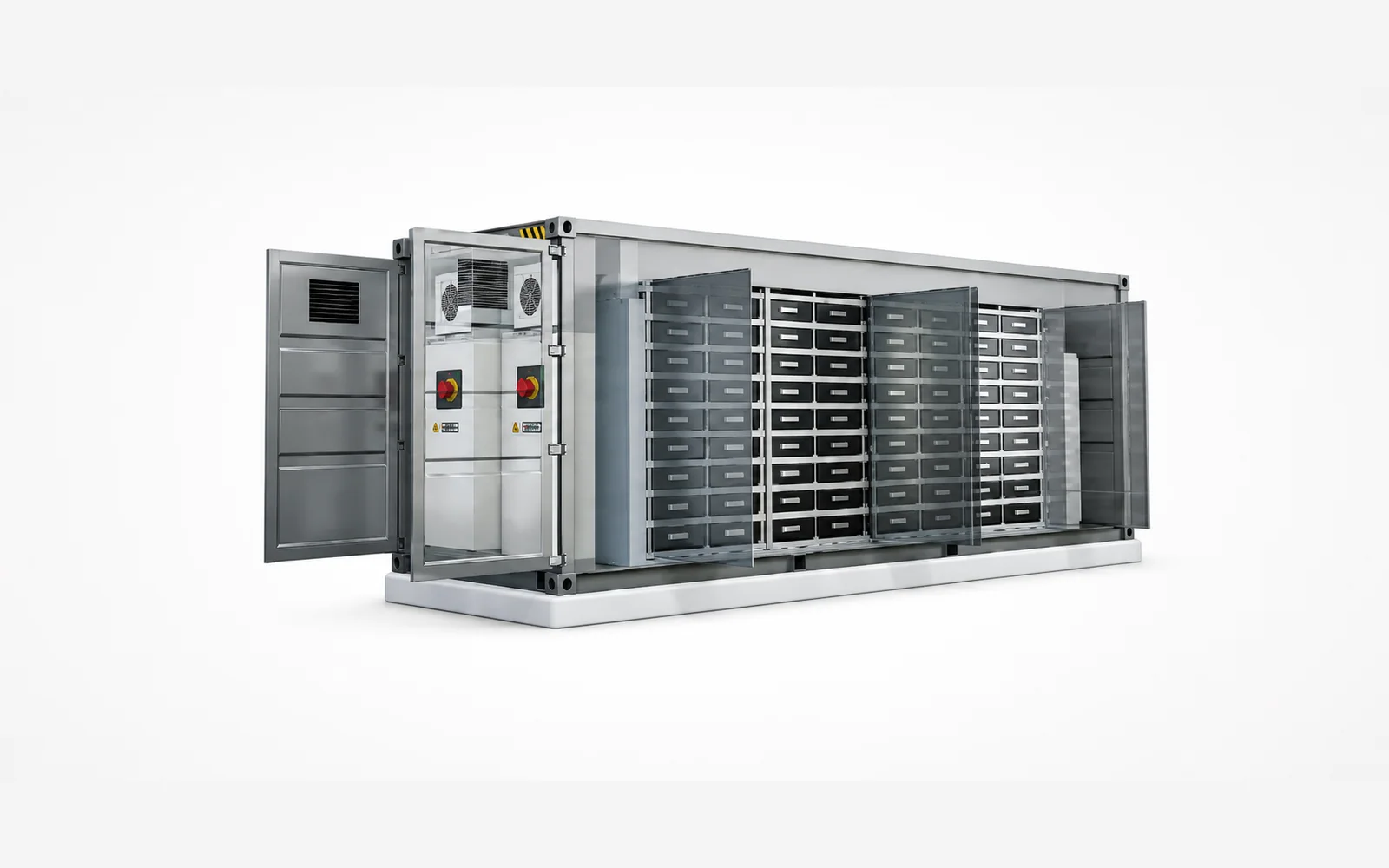 Open battery energy storage enclosure showing access doors, electrical cabinets and repeated battery racks