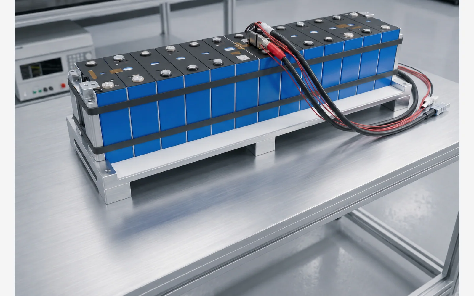 Prismatischer Batteriezellstapel auf einem technischen Prüfstand mit schmalen Zwischenräumen zwischen benachbarten Zellen
