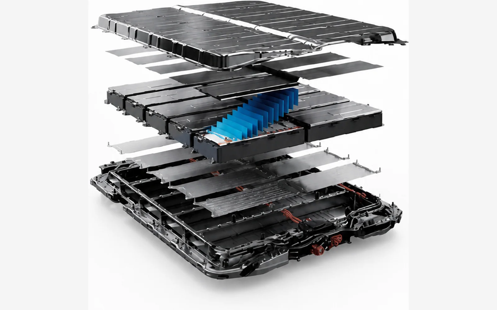 Explosionsdarstellung eines EV-Batteriepakets mit Zellmodulen, Zwischenschichten und oberer Abdeckung