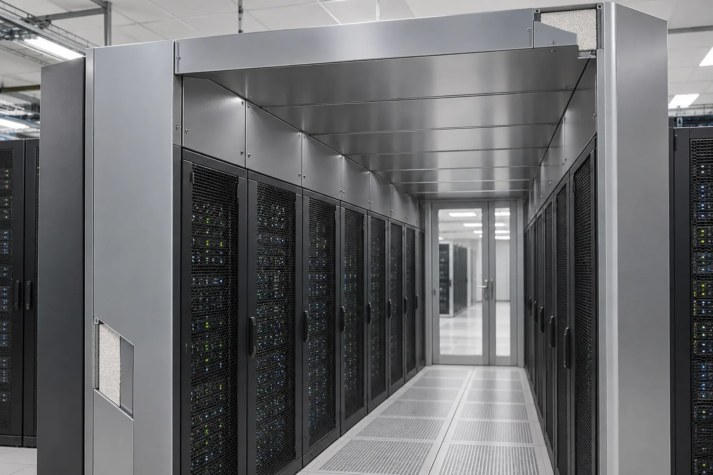 Generierte Visualisierung einer Gangeinhausung mit Dämmungsschnitten in geschlossenen seitlichen Abschlüssen und Dachpaneelen bei freien Serverfronten