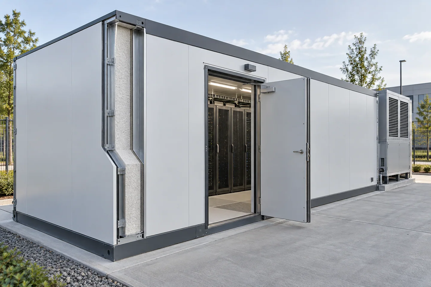 Generierte Visualisierung eines modularen Rechenzentrumsgehäuses mit Wandschnitt und Dämmung zwischen Außenverkleidung und Innenauskleidung