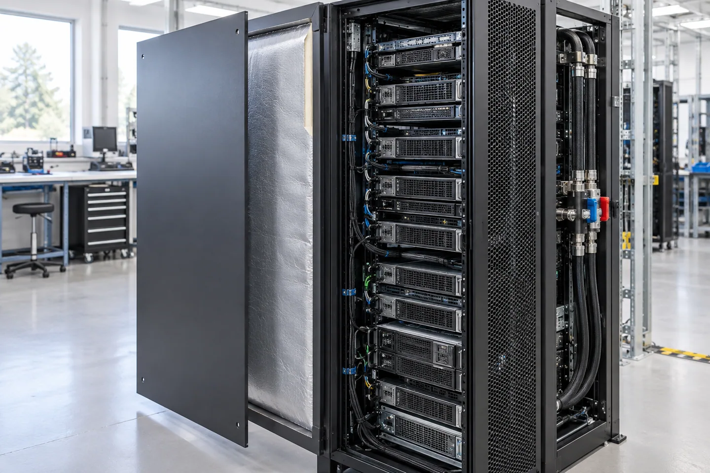 Generierte Schnittvisualisierung gekapselter Dämmung in einer abnehmbaren Rack-Seitenwand, ohne Serverlufteinlässe oder Kühlmittelverteiler zu behindern