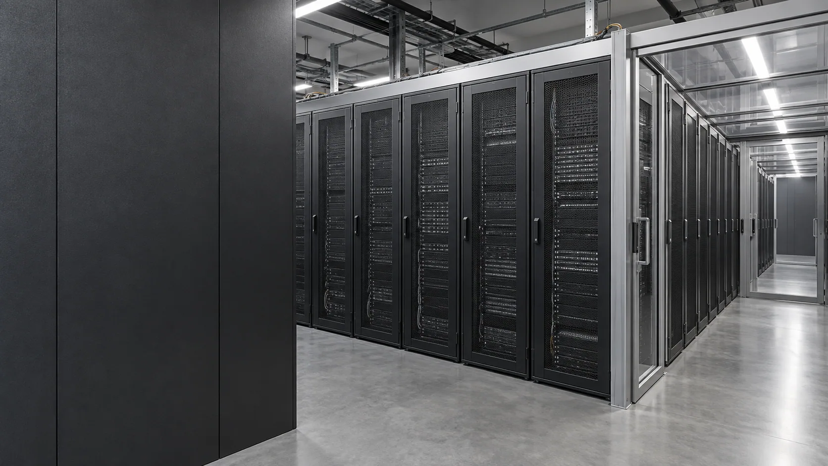 Generierte Anwendungsvisualisierung von Serverracks und einem eingehausten Gang in einem Rechenzentrum