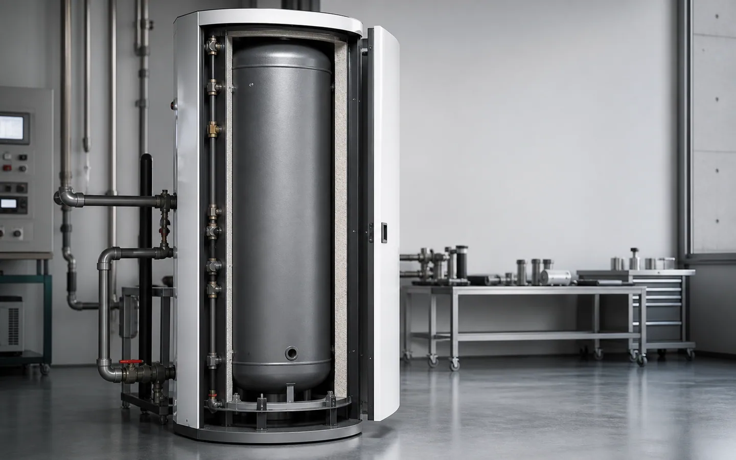 Concept image of an unbranded domestic hot-water storage tank with its narrow insulation envelope visible