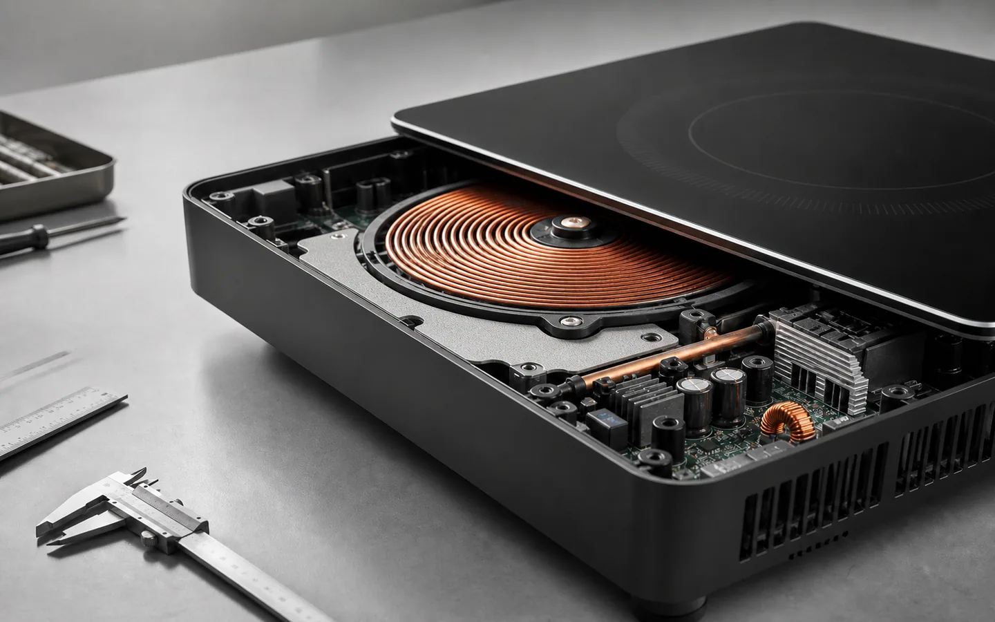 Concept image of an unbranded induction cooktop with a slim machined insulation component beside the coil assembly
