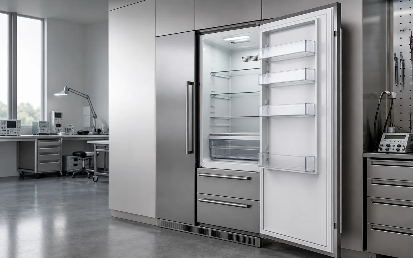 Concept image of an unbranded refrigerator in an appliance engineering lab with the cabinet and door envelope visible