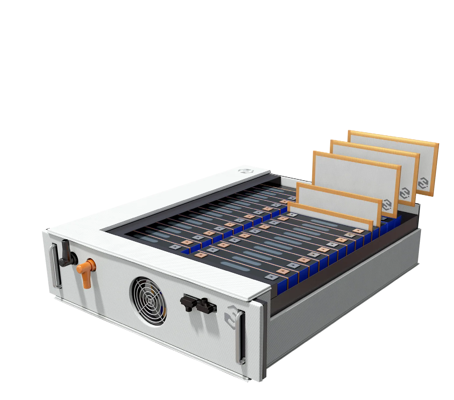 Battery module illustration with thin barrier sheets shown between groups of cells