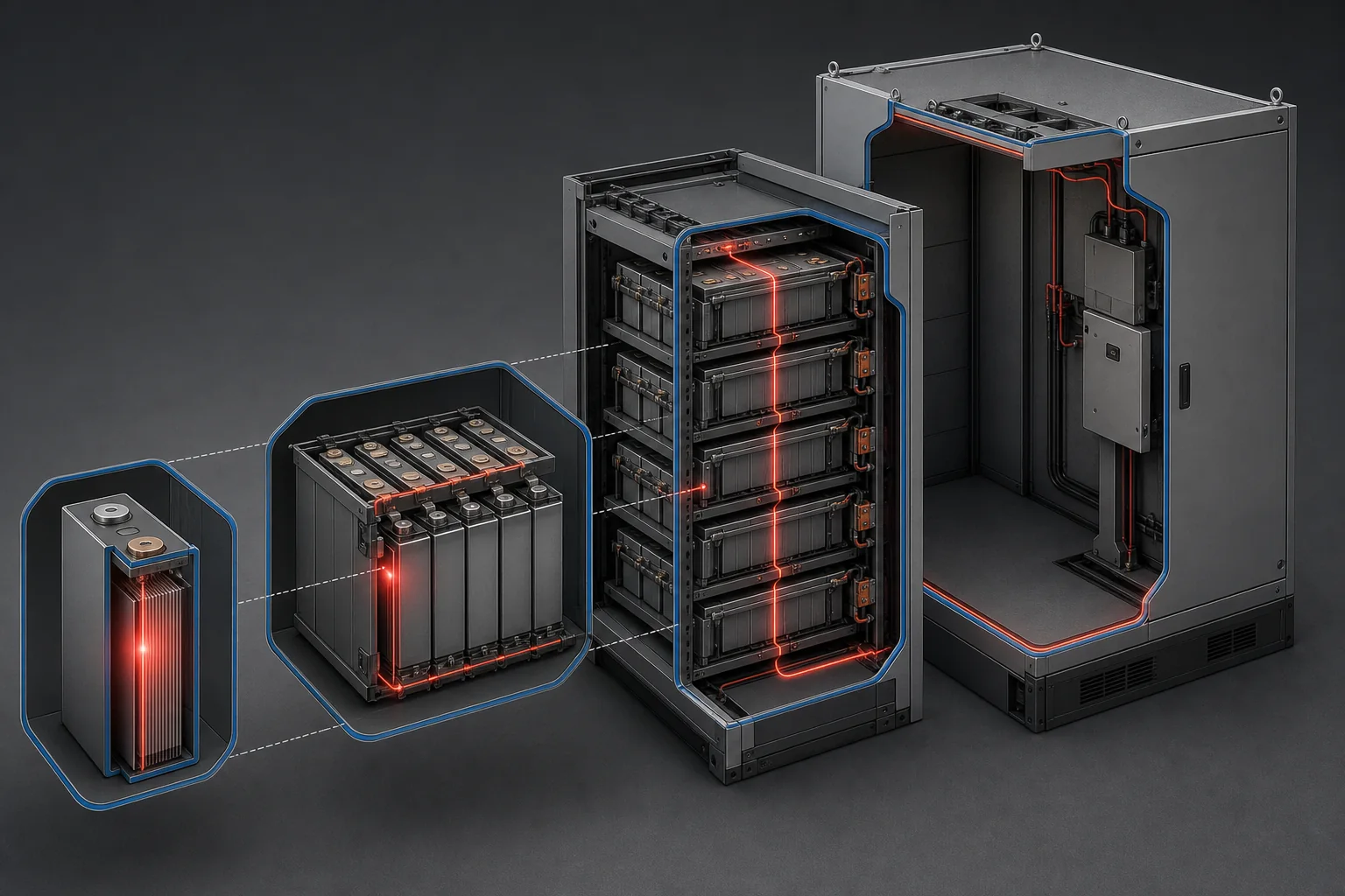 Technische Darstellung thermischer Grenzen in einem Batterie-Energiespeichersystem