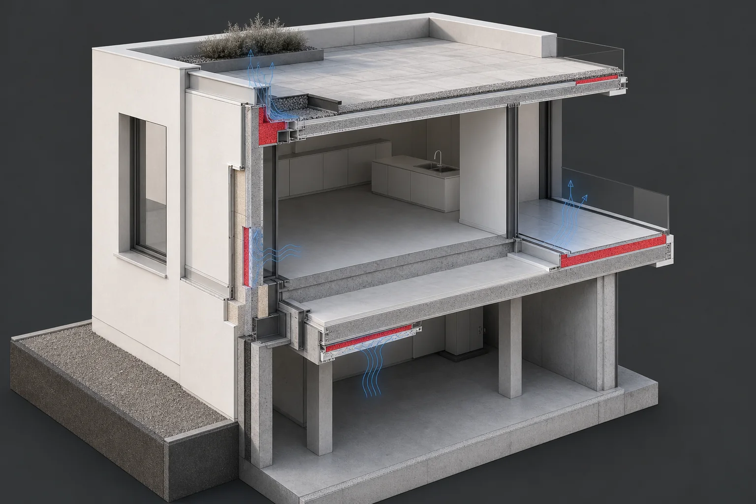 Architektonische Schnittdarstellung mit Hervorhebung von Dämmpositionen begrenzter Dicke