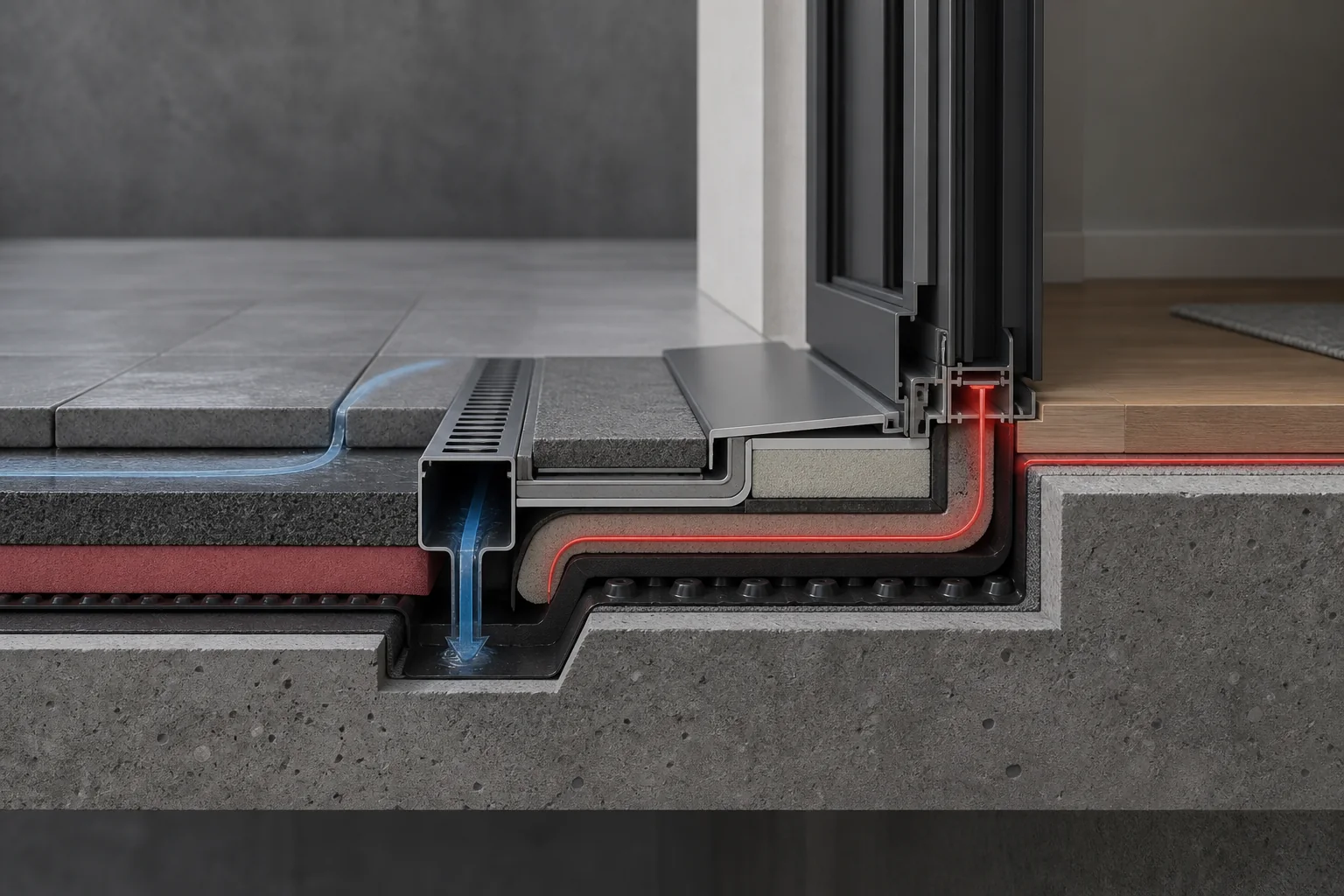 Schematische Terrassenschwelle mit Dämmung, Abdichtung, Entwässerung und Schutzschichten